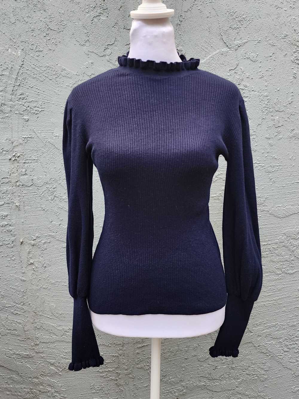 White House Black Market Ruffle Neck Ribbed Sweater Navy Blue Long Sleeve S